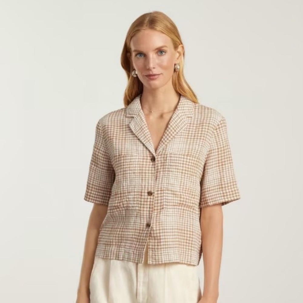 Everlane linen workwear shirt, iced coffee grid pattern, size medium